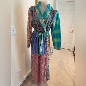 High End April Cornell Mixed-Print Patchwork Wrap Robe in Teal, Blue & Pink Sz L